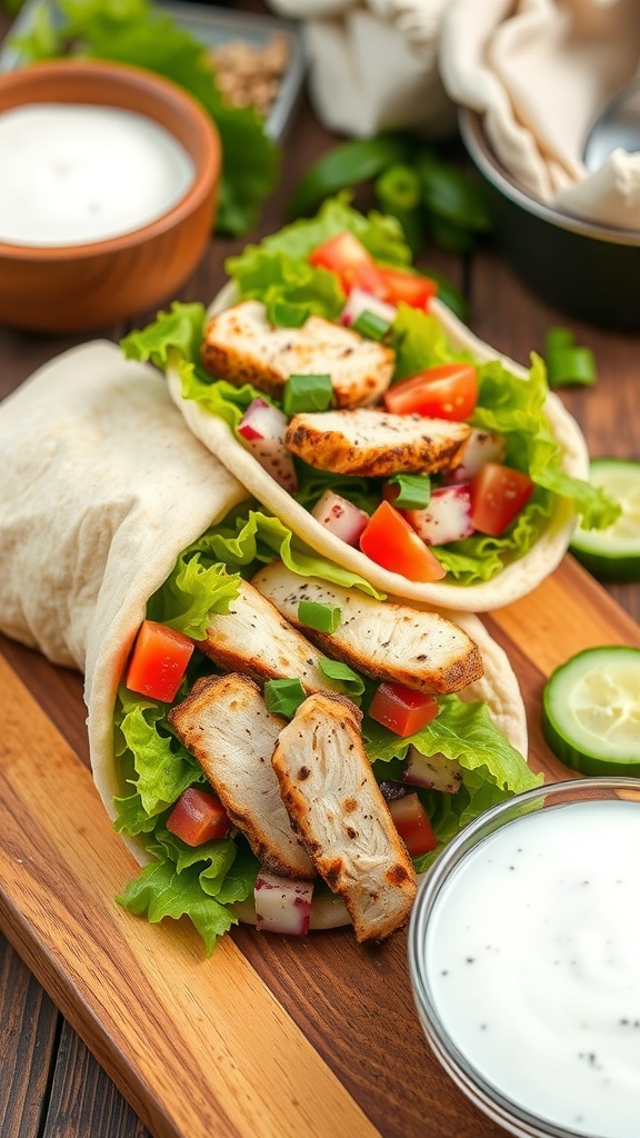 Grilled chicken pita wrap with lettuce, tomatoes, and tzatziki sauce on a wooden cutting board.